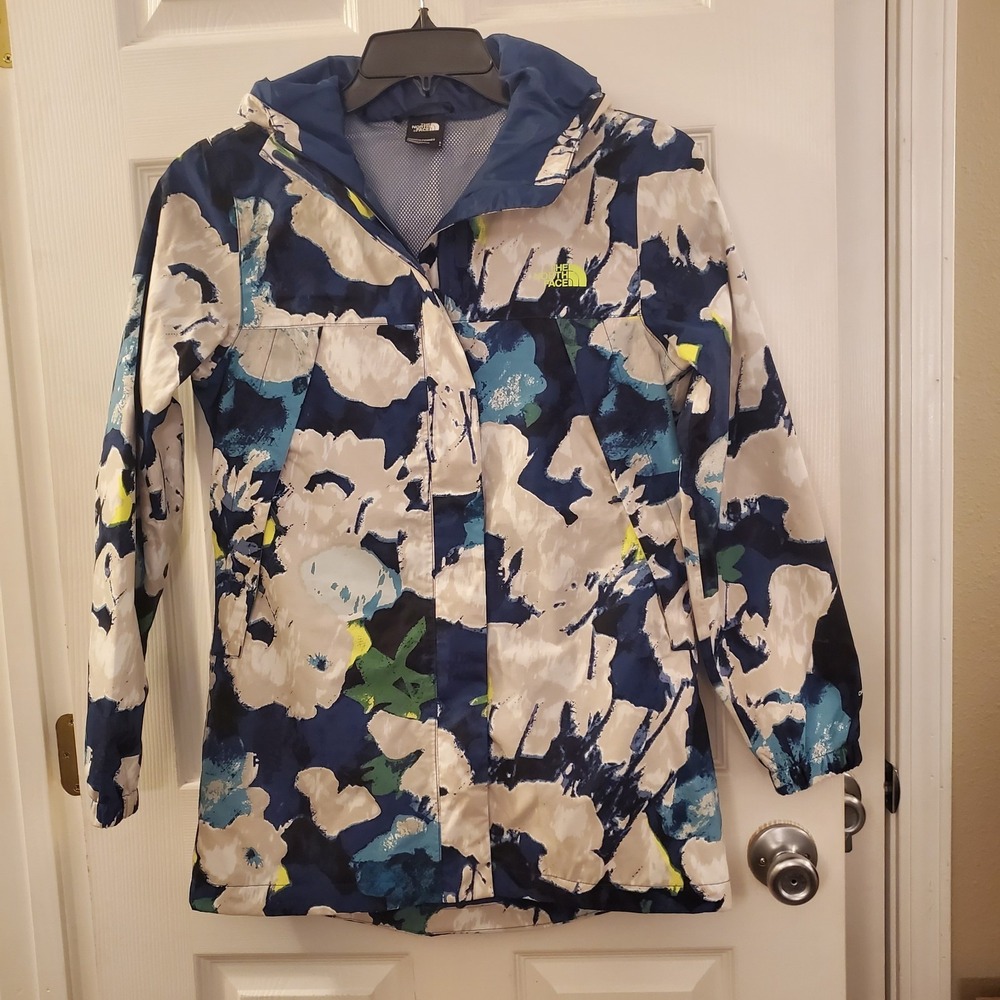 The North Face Women's sz S Waterproof Rain Antora Jacket hooded zip Blue Print